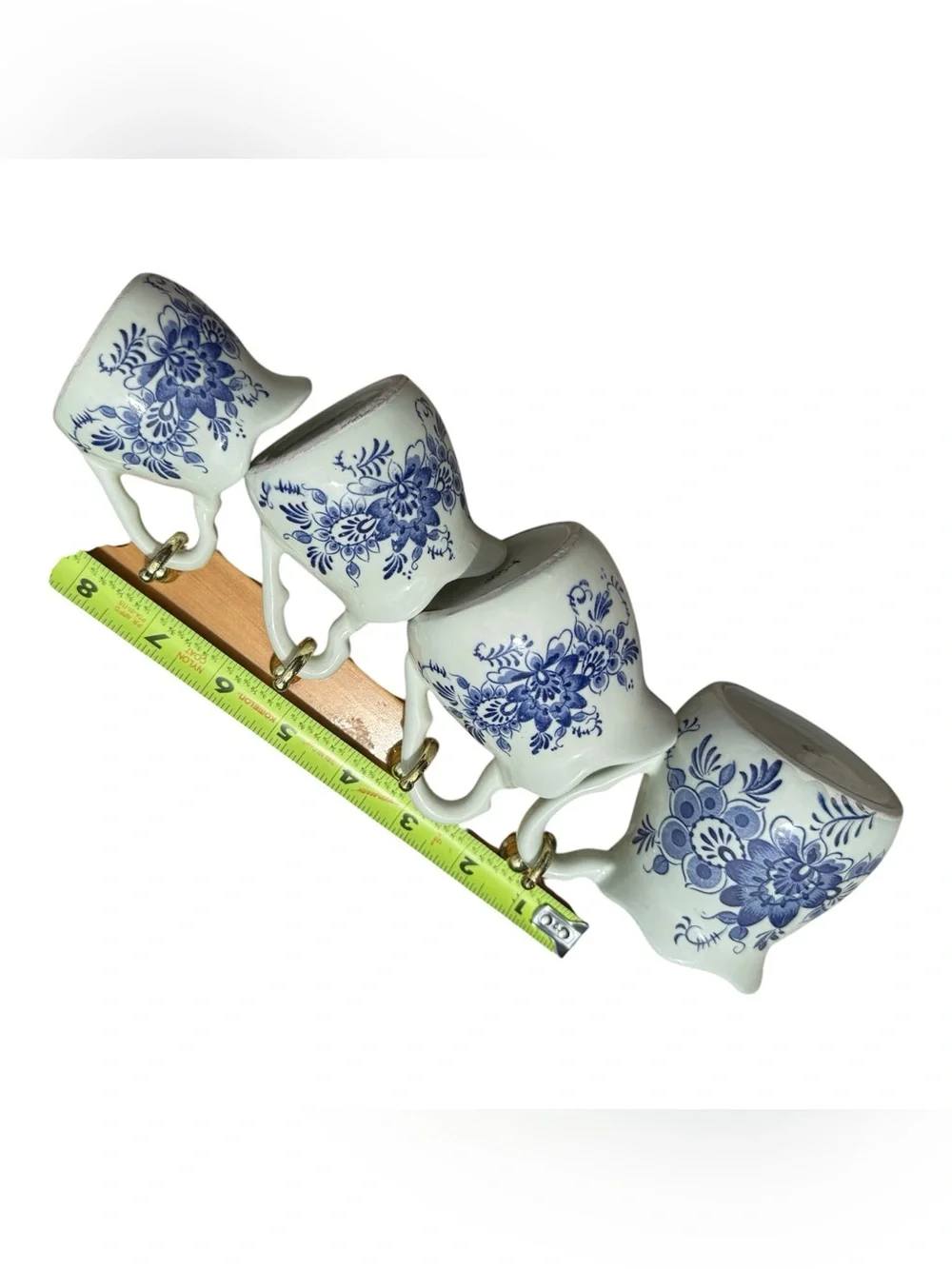 Vintage Delft Blue Ceramic Measuring Cups Wall Rack Set Farmhouse Cottage Decor